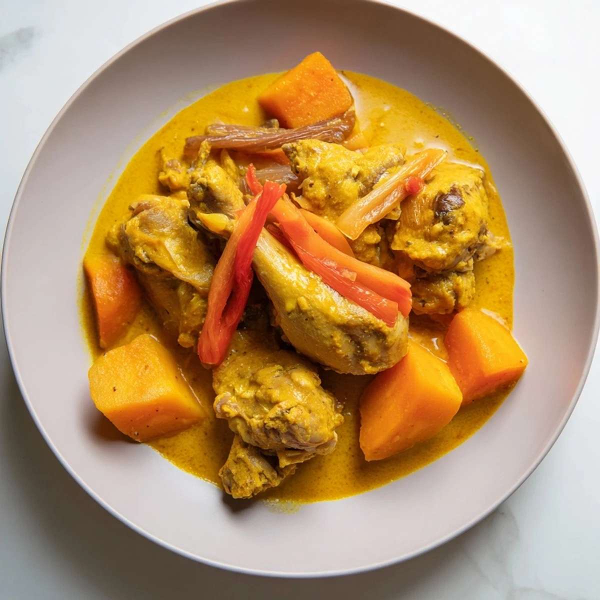 Succulent chicken pieces cooked in rich coconut curry broth served over fluffy white rice