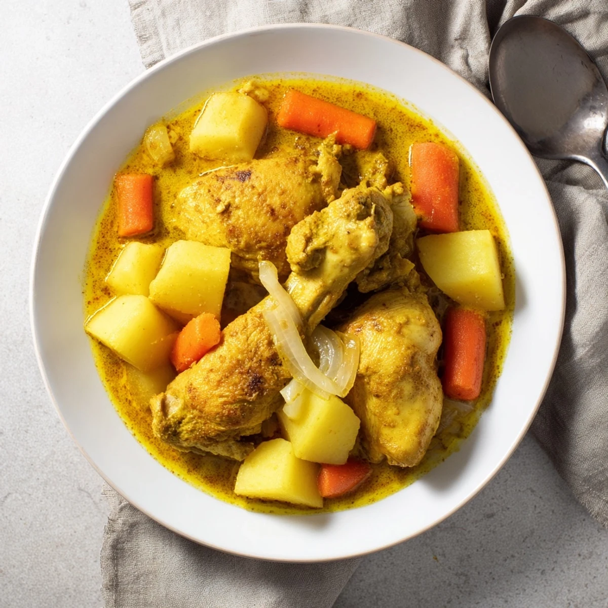 Aromatic Jamaican curry chicken featuring tender meat, carrots, and bell peppers in spiced golden sauce