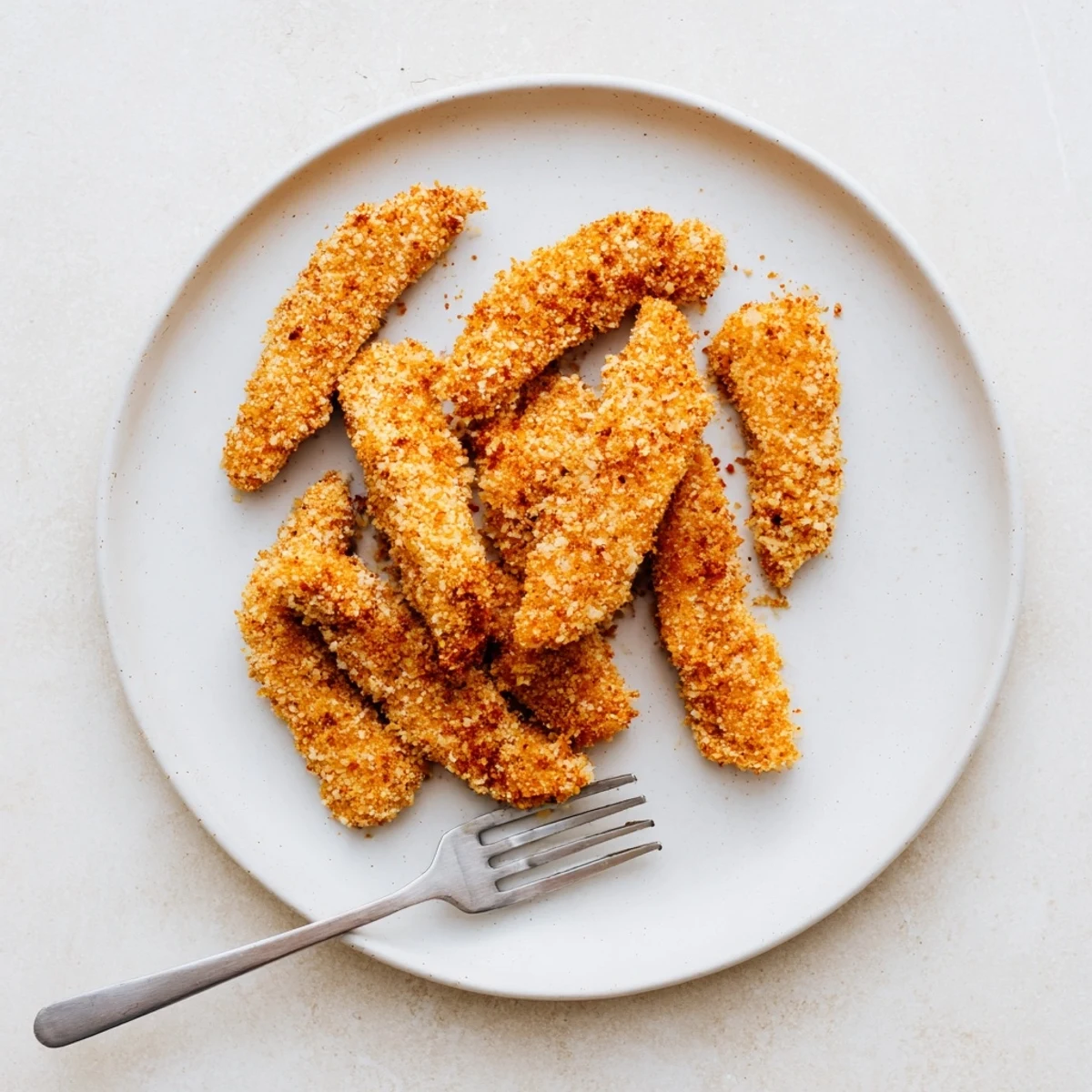 Golden air fryer chicken tenders with crispy panko coating arranged on a white serving plate