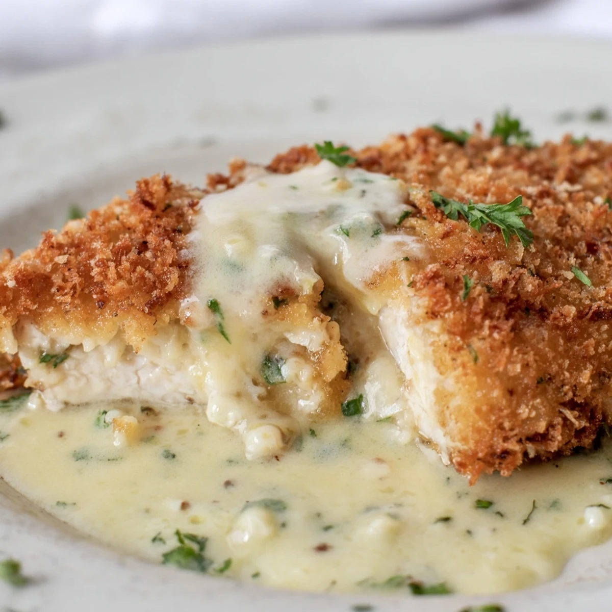 Golden crispy chicken breasts drizzled with velvety Parmesan cream sauce on a white plate