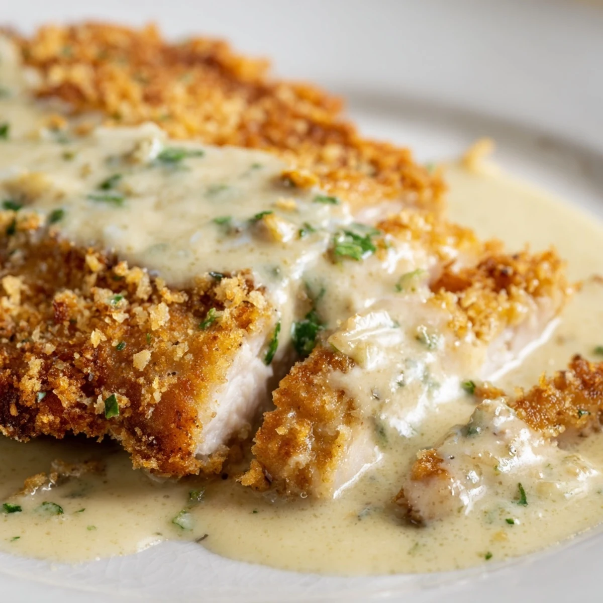 Pan-fried chicken with crunchy breadcrumb coating topped with rich garlic cream sauce and fresh parsley