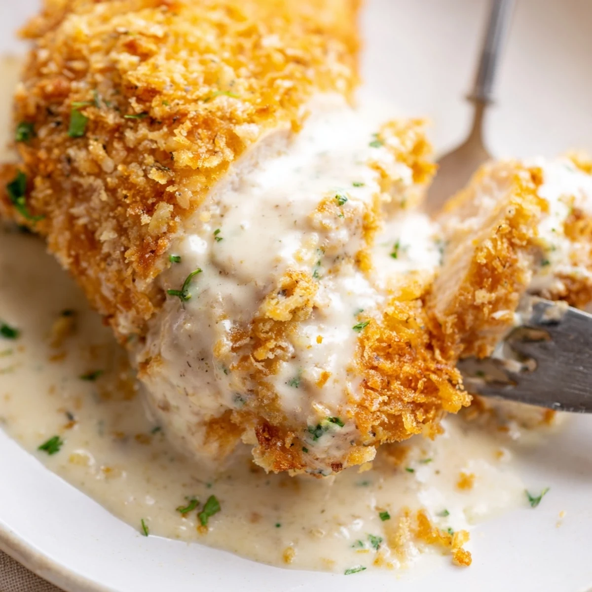 Perfectly crisp chicken cutlets served swimming in a smooth creamy white sauce with green garnish