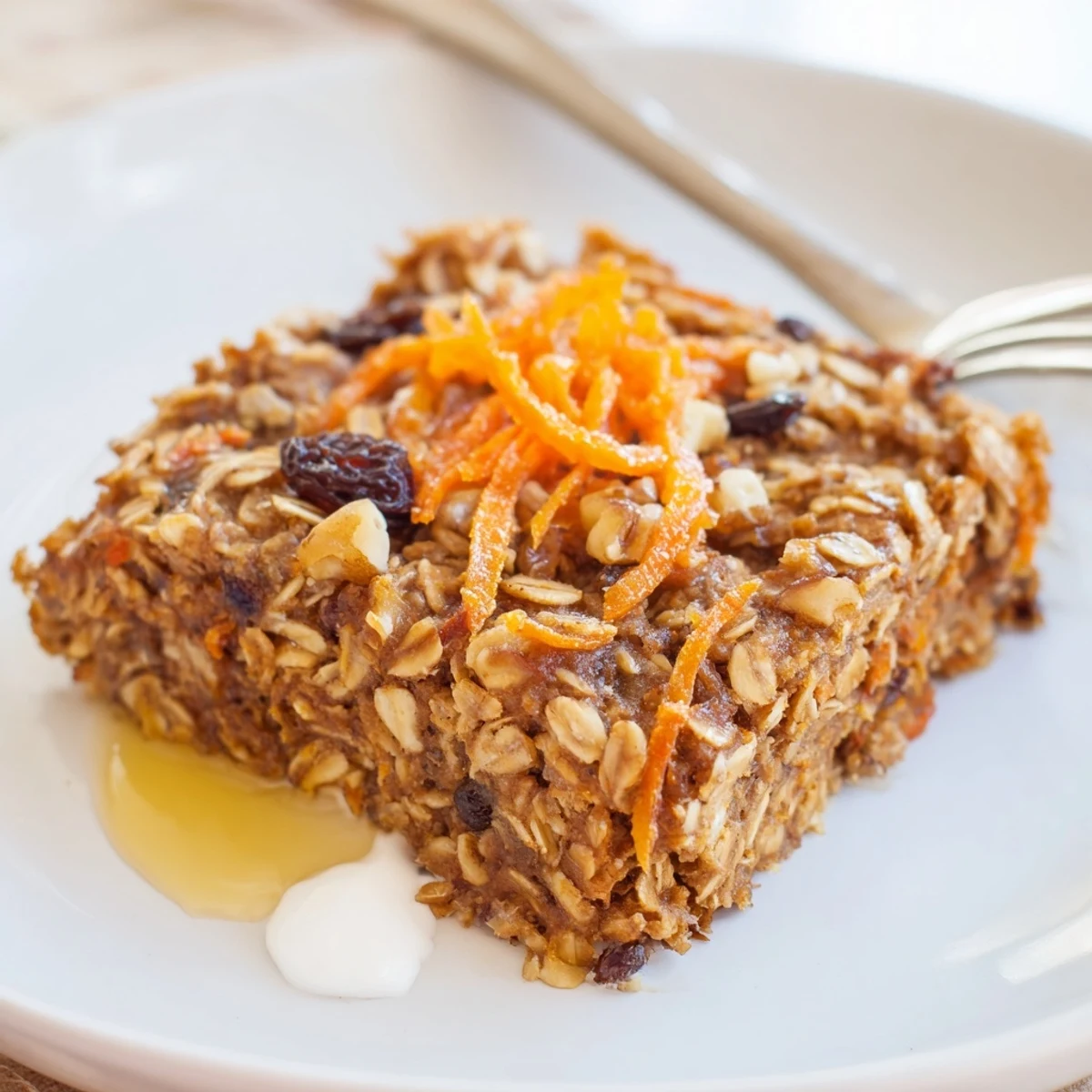 Warm Carrot Cake Baked Oatmeal sliced in a ceramic dish, steaming