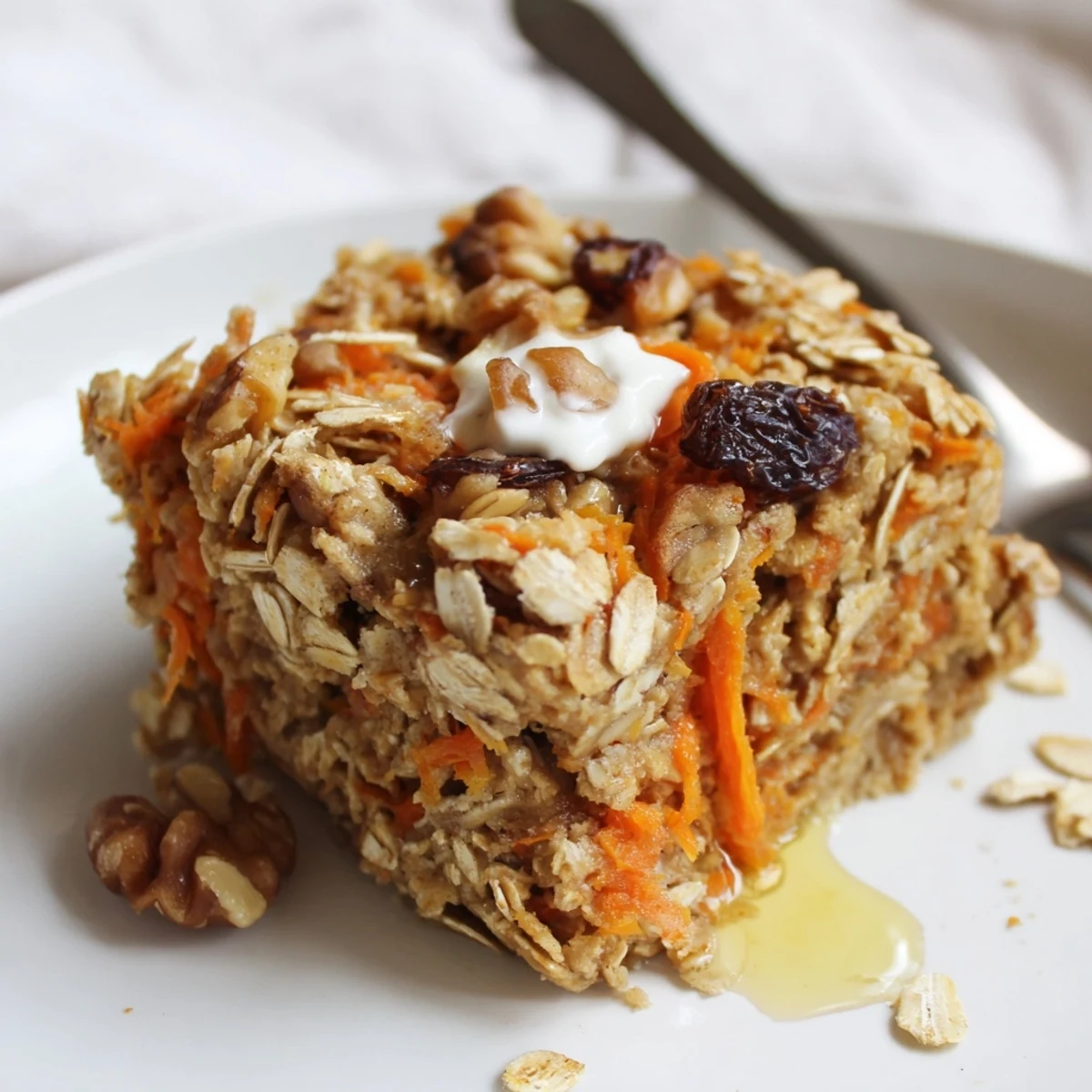 Golden Carrot Cake Baked Oatmeal fresh from oven, aromatic cinnamon notes