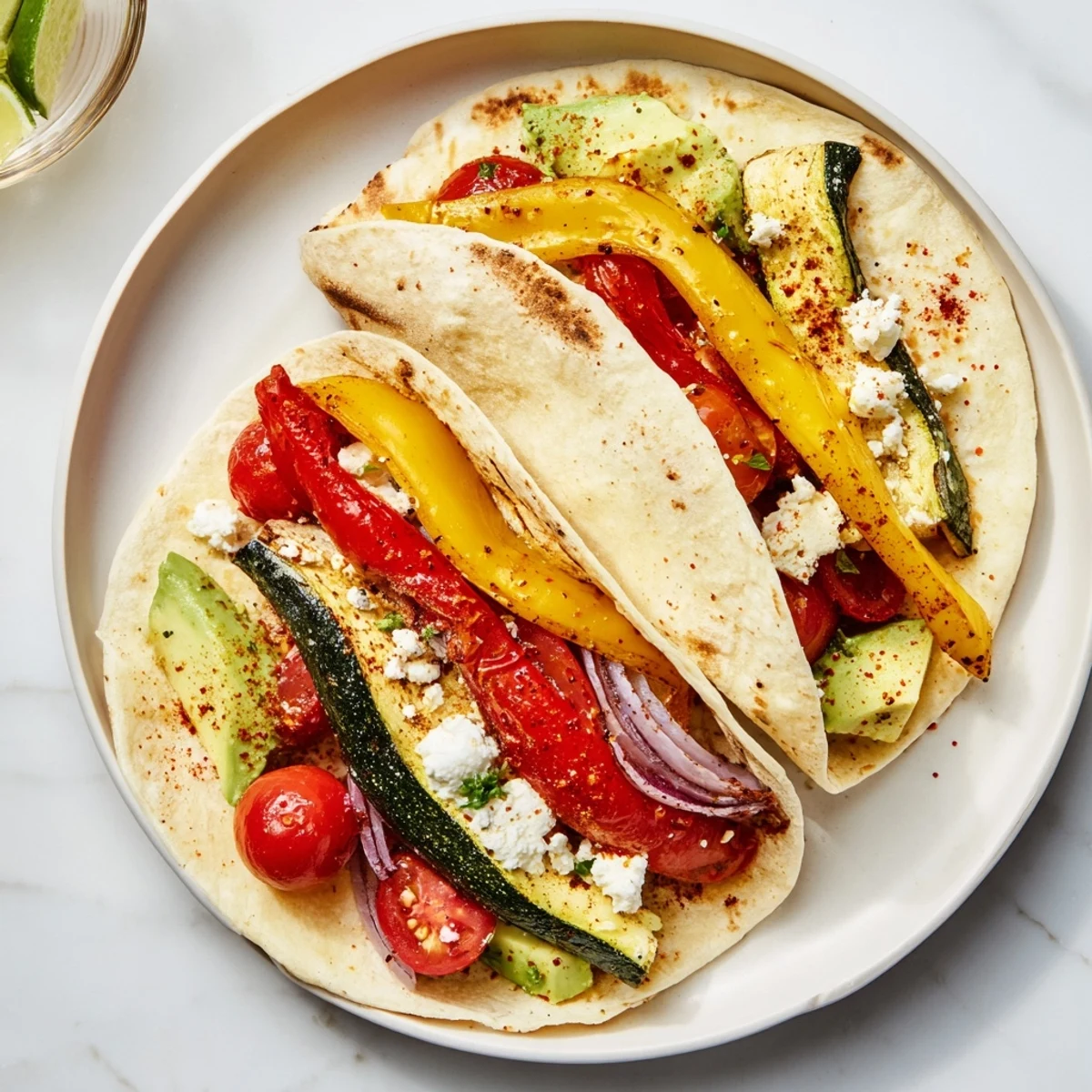 Tajin Feta Sheet Pan Fajitas roasting with charred peppers, crumbled feta, lime.