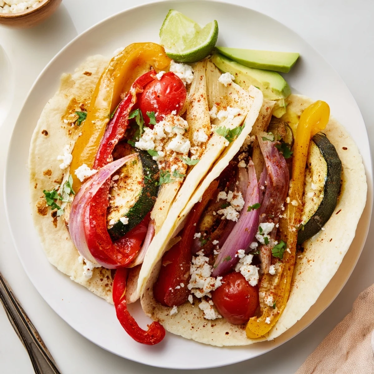 Oven-roasted Tajin Feta Sheet Pan Fajitas glowing with roasted zucchini and paprika.