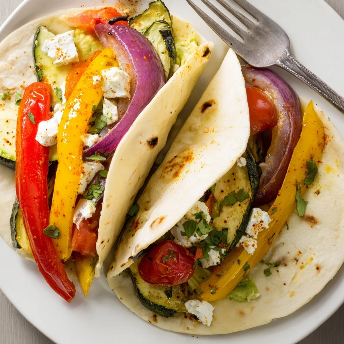 Warm Tajin Feta Sheet Pan Fajitas piled in tortillas with fresh cilantro.
