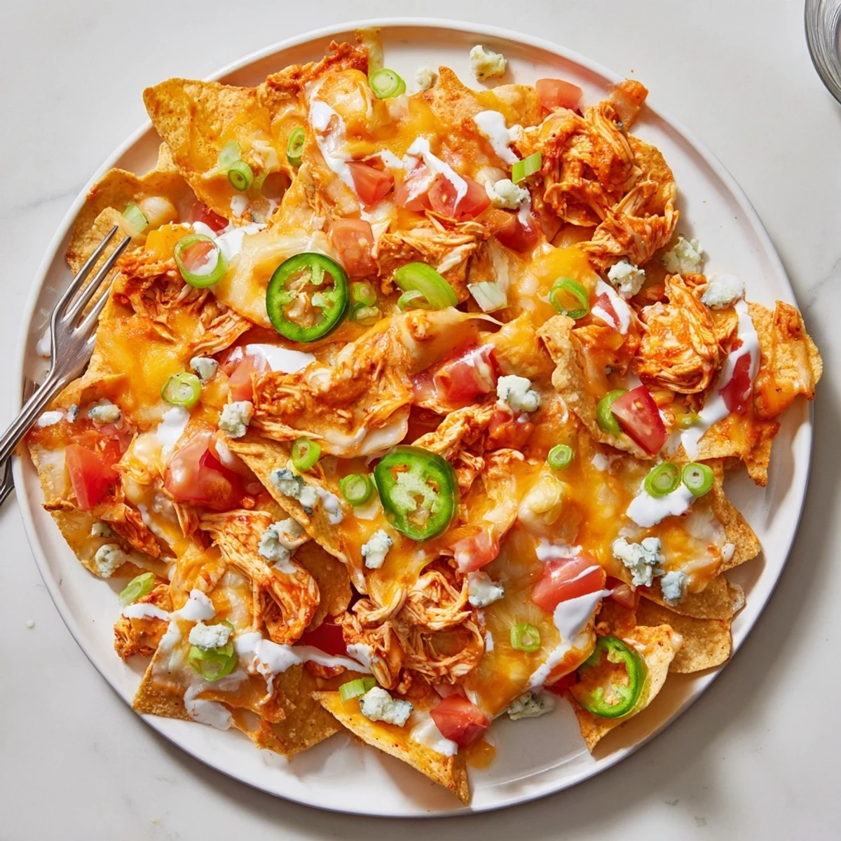 Buffalo Chicken Nachos piled with gooey melted cheese and spicy shredded chicken