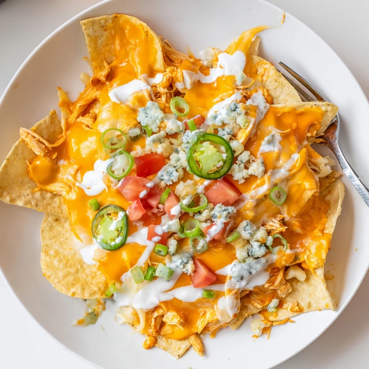A party-ready plate of Buffalo Chicken Nachos topped with jalapeños and blue cheese