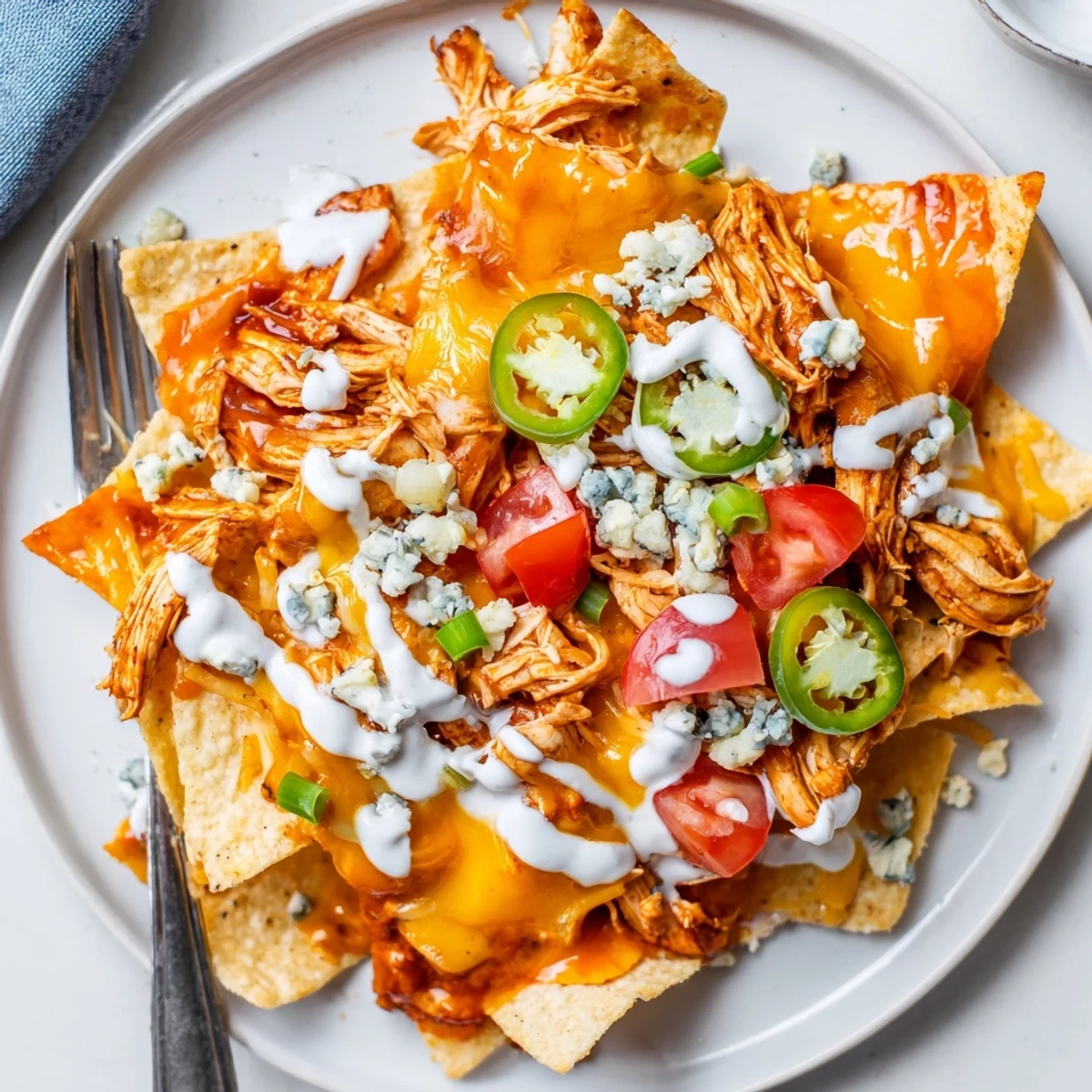 Buffalo Chicken Nachos on a baking sheet, crunchy chips and tangy sauce
