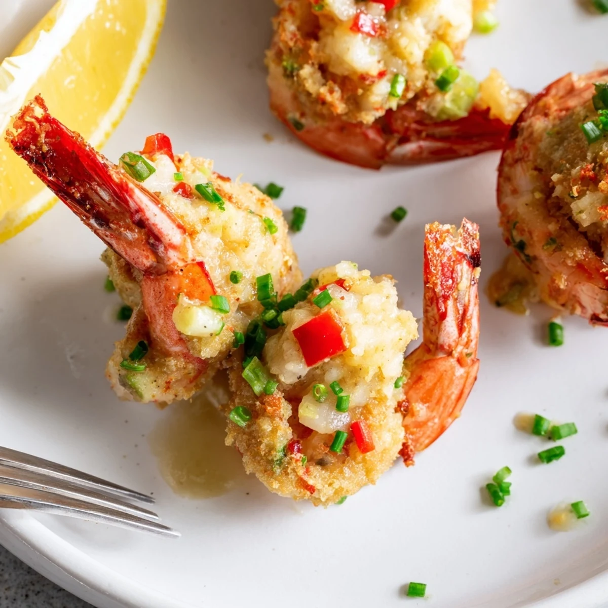 Crab Cake Stuffed Shrimp With Cowboy Butter drizzled, golden-baked, garnished with lemon wedges