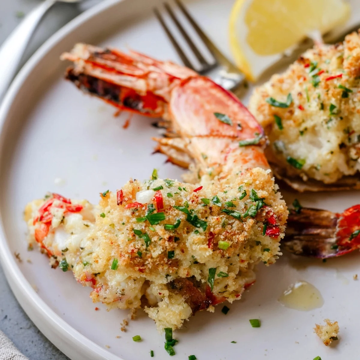 Plate of Crab Cake Stuffed Shrimp With Cowboy Butter, buttery garlic aroma, fresh parsley