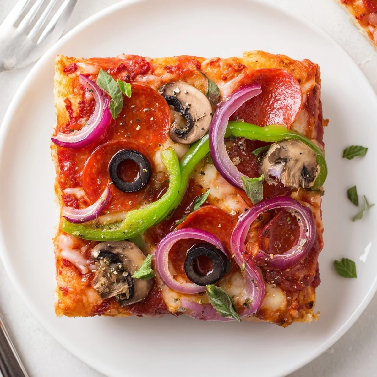 Focaccia Pizza Supreme with bubbling mozzarella, roasted peppers, studded with olives, golden crust