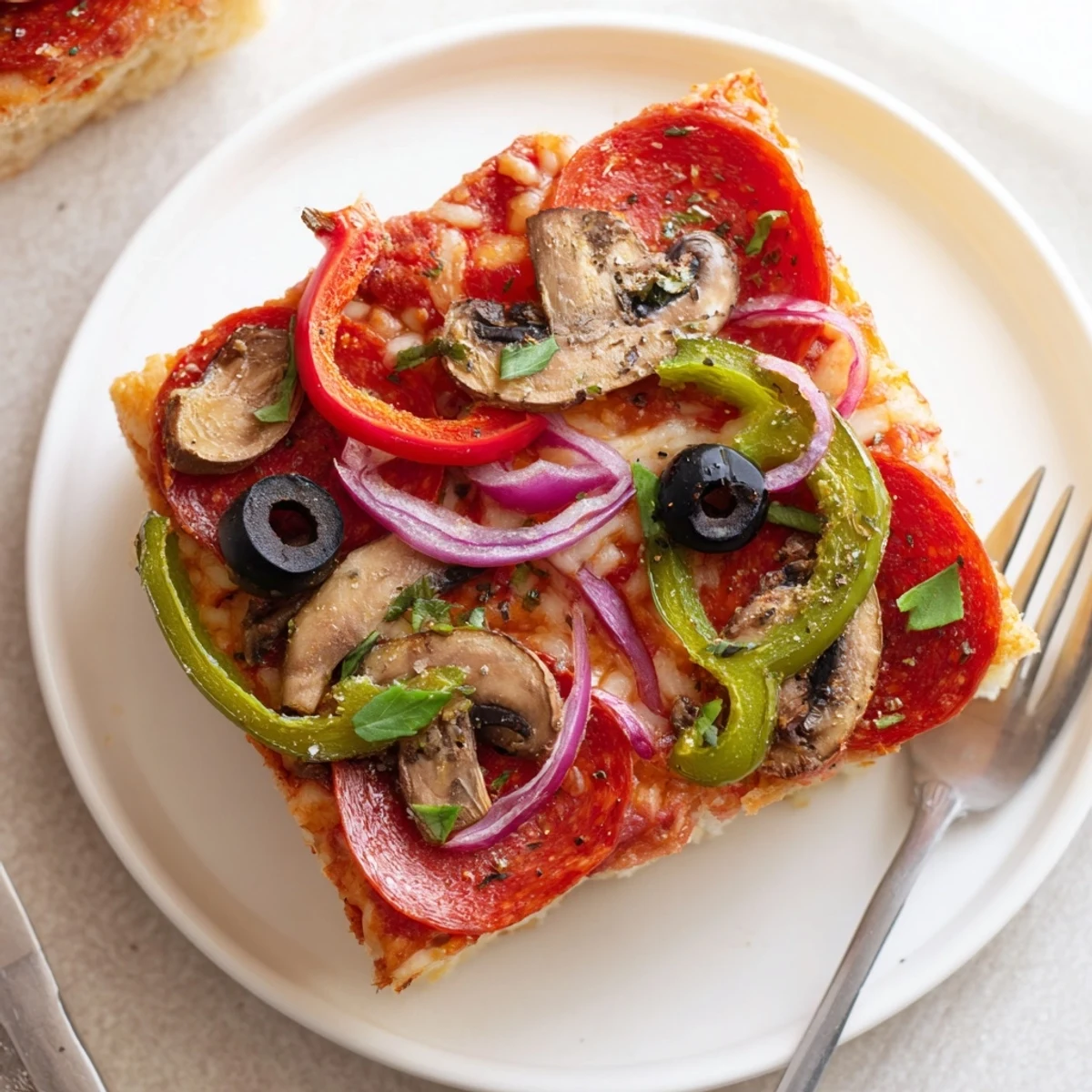 Herb sprinkled Focaccia Pizza Supreme on baking sheet, airy dimpled edges, basil garnish