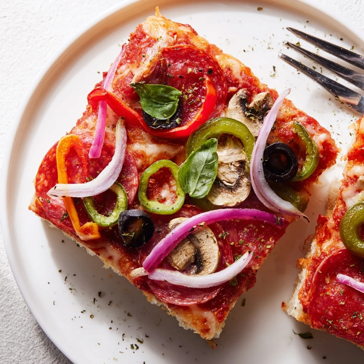 Sliced Focaccia Pizza Supreme served with salad suggestion, warm, chewy, olive oil sheen