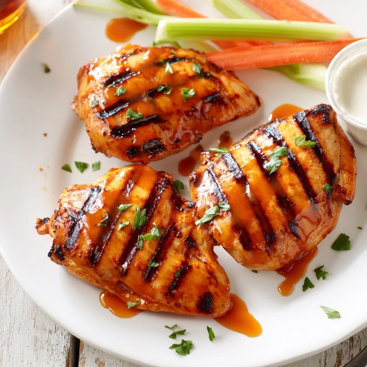 Grilled Honey Buffalo Chicken Thighs glistening with sticky glaze, herbs and char