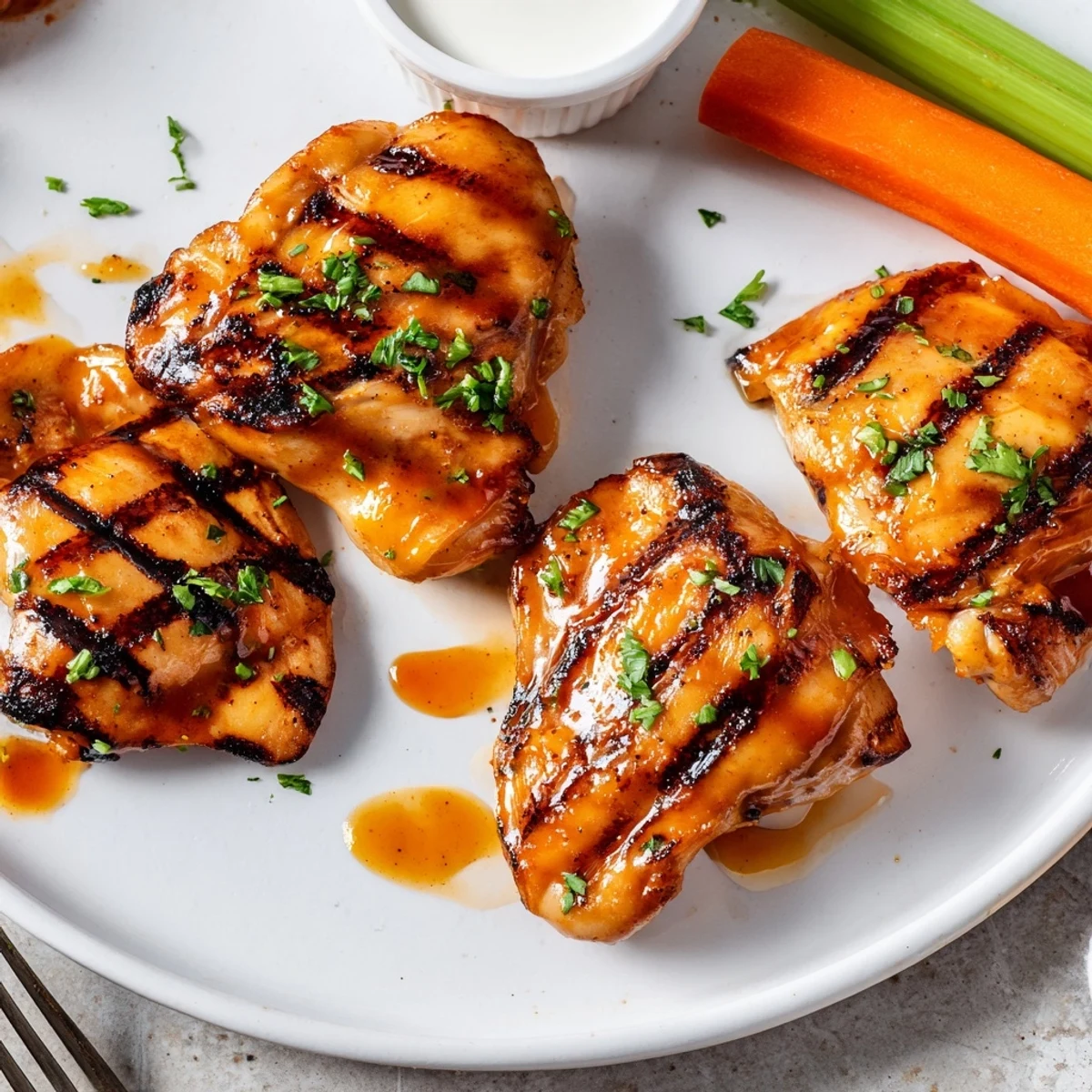Platter of Grilled Honey Buffalo Chicken Thighs with ranch, celery, charred edges