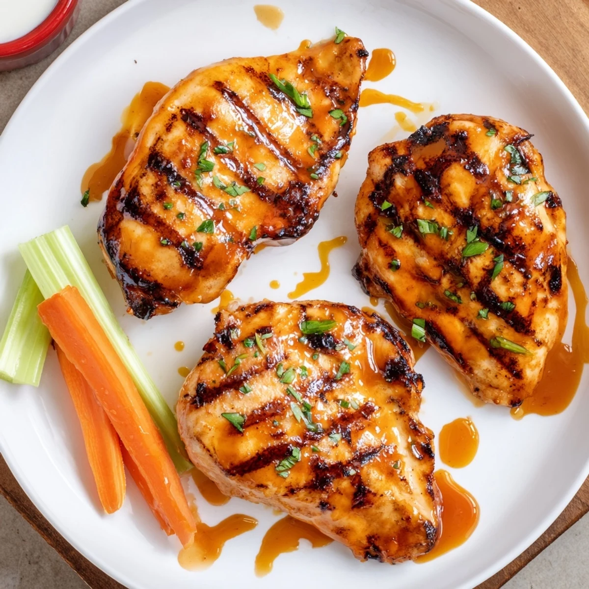 Close-up shows Grilled Honey Buffalo Chicken Thighs sizzling on grill, honey glaze