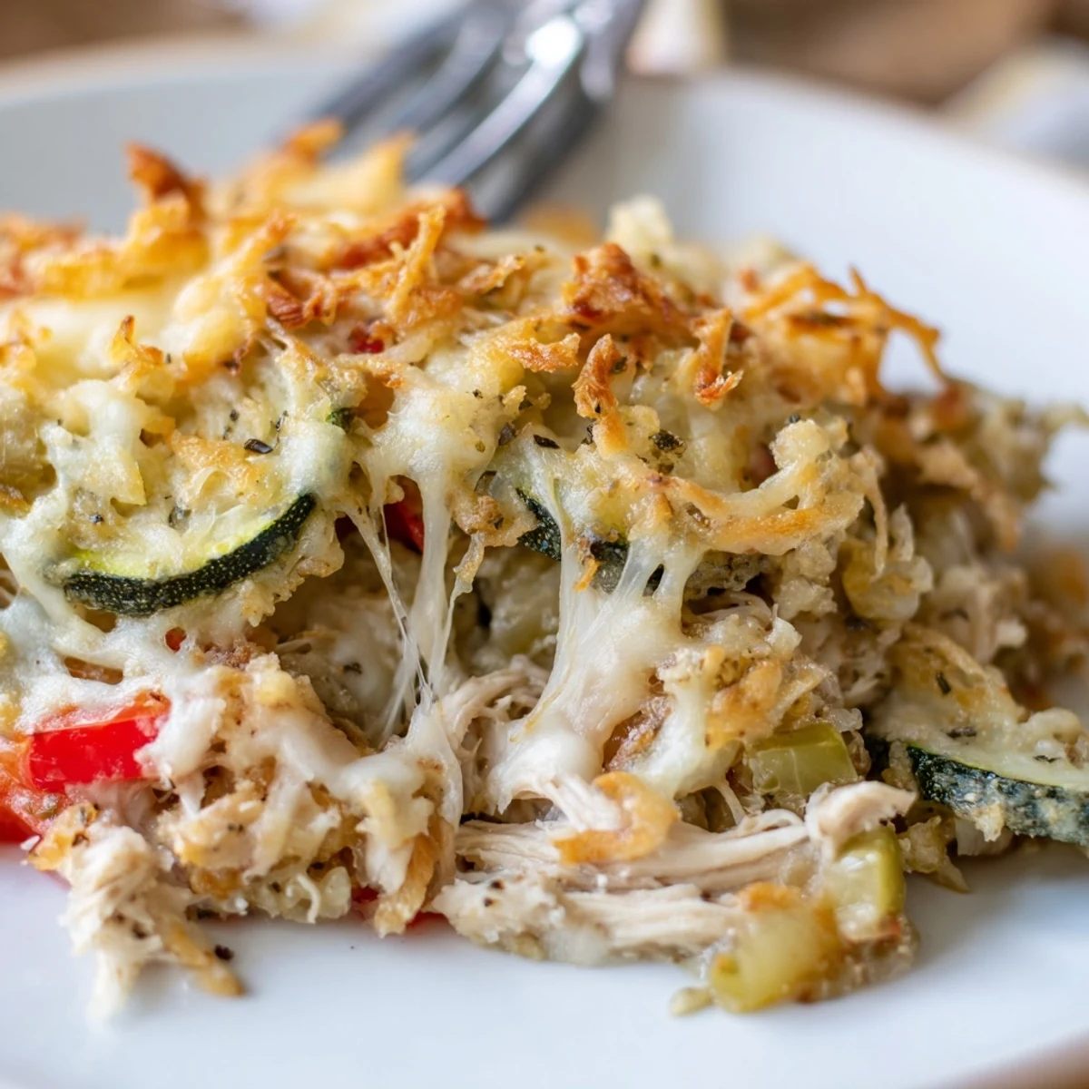 Hot Family Friendly Chicken Zucchini Bake with bubbling cheese and golden crumbs