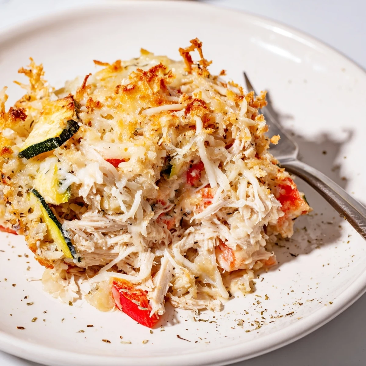 Oven-browned Family Friendly Chicken Zucchini Bake served warm with fresh salad