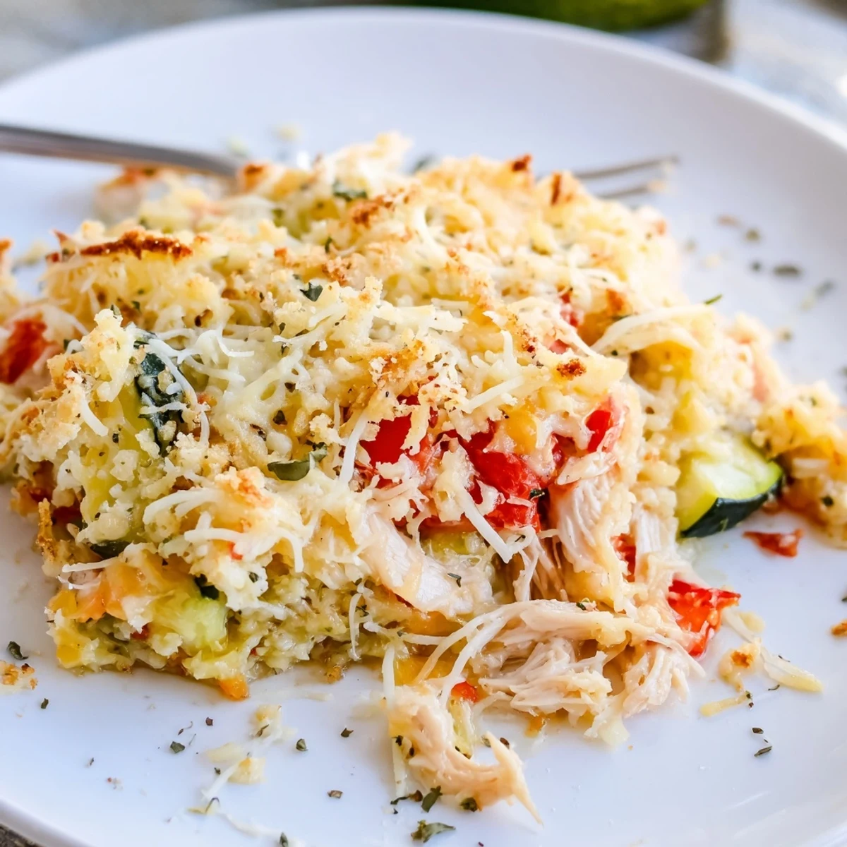 Creamy, herb-scented Family Friendly Chicken Zucchini Bake cooling before hearty serving