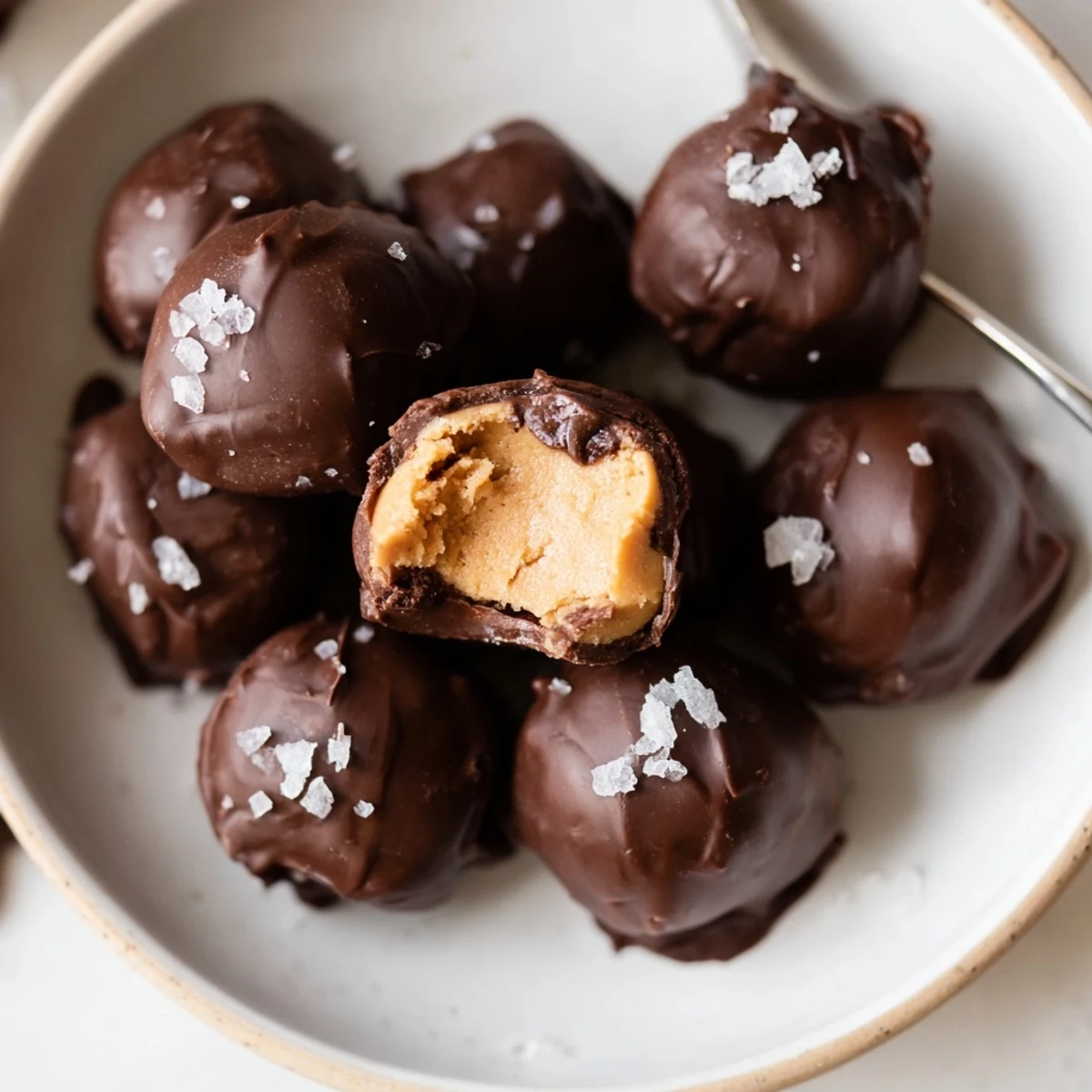 Frozen Peanut Butter Greek Yogurt Bites Dipped In Dark Chocolate With Sea Salt, stacked
