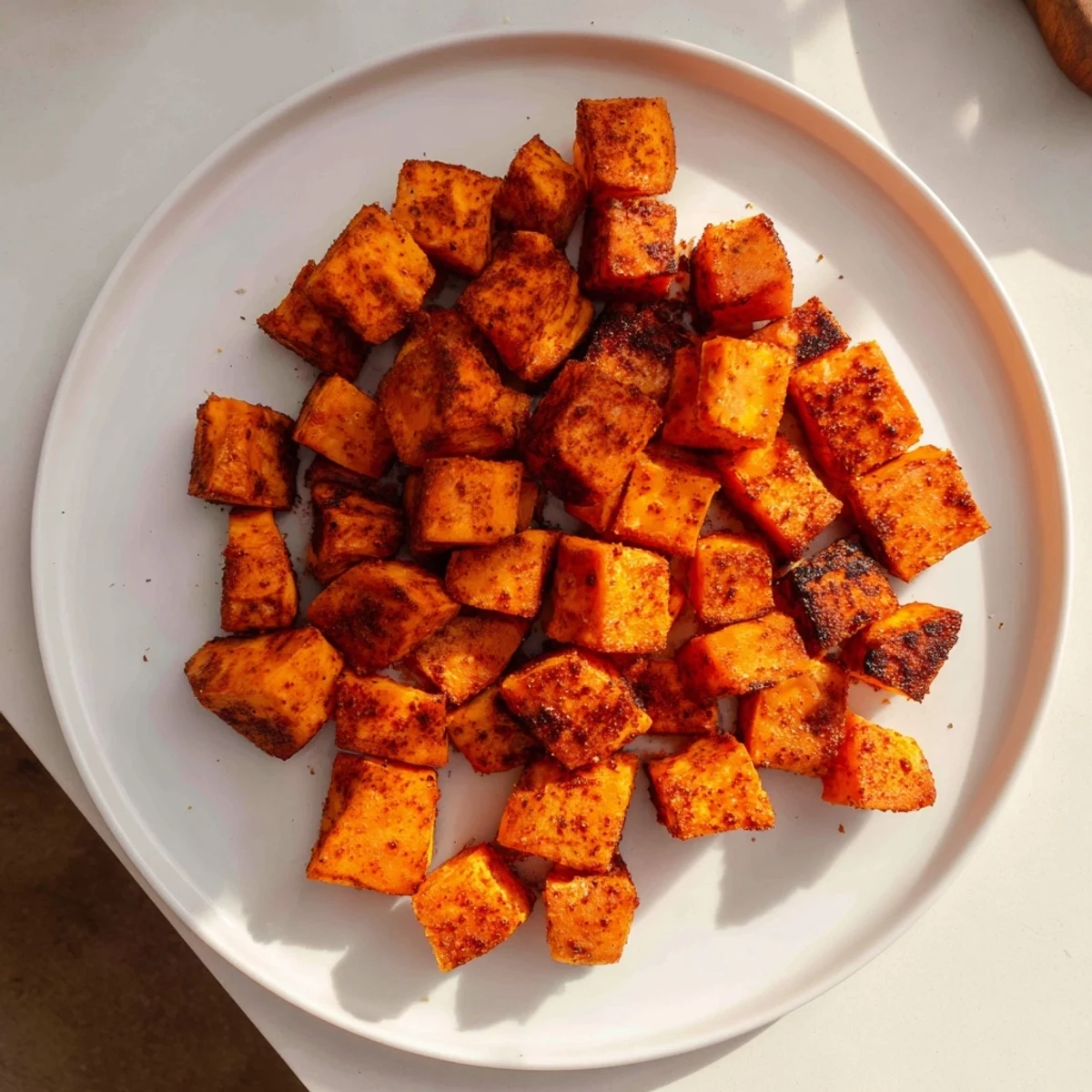 Golden brown air fryer sweet potato cubes with crispy edges and tender centers, seasoned with smoked paprika and garlic