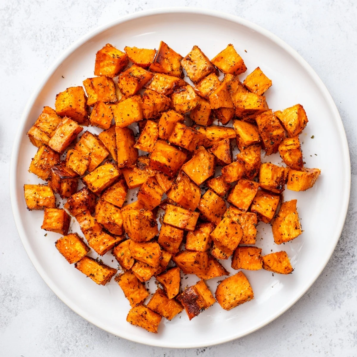Perfectly cooked air fryer sweet potato cubes arranged in a rustic serving bowl, garnished with fresh herbs