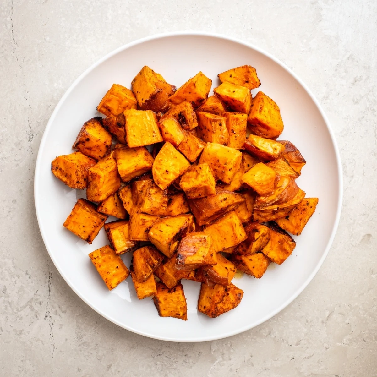 A basket of crispy air fryer sweet potato cubes showcasing golden caramelized edges and soft, fluffy interiors