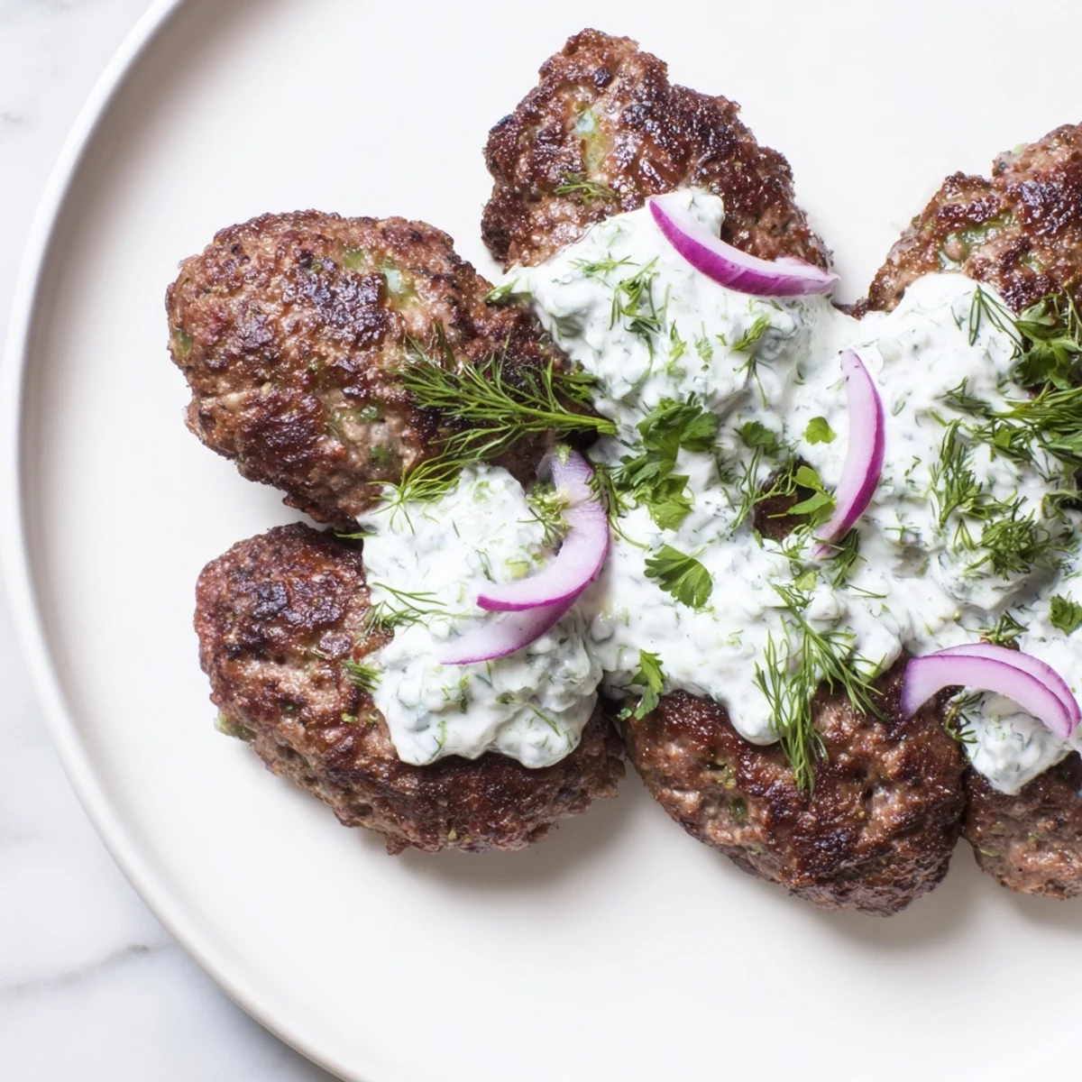 Hand-shaped Middle Eastern beef kebabs with crispy edges atop a bed of warm flatbread