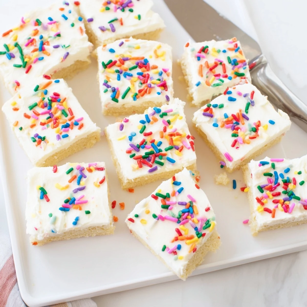 Soft frosted sugar cookie bars topped with colorful sprinkles on a white serving platter