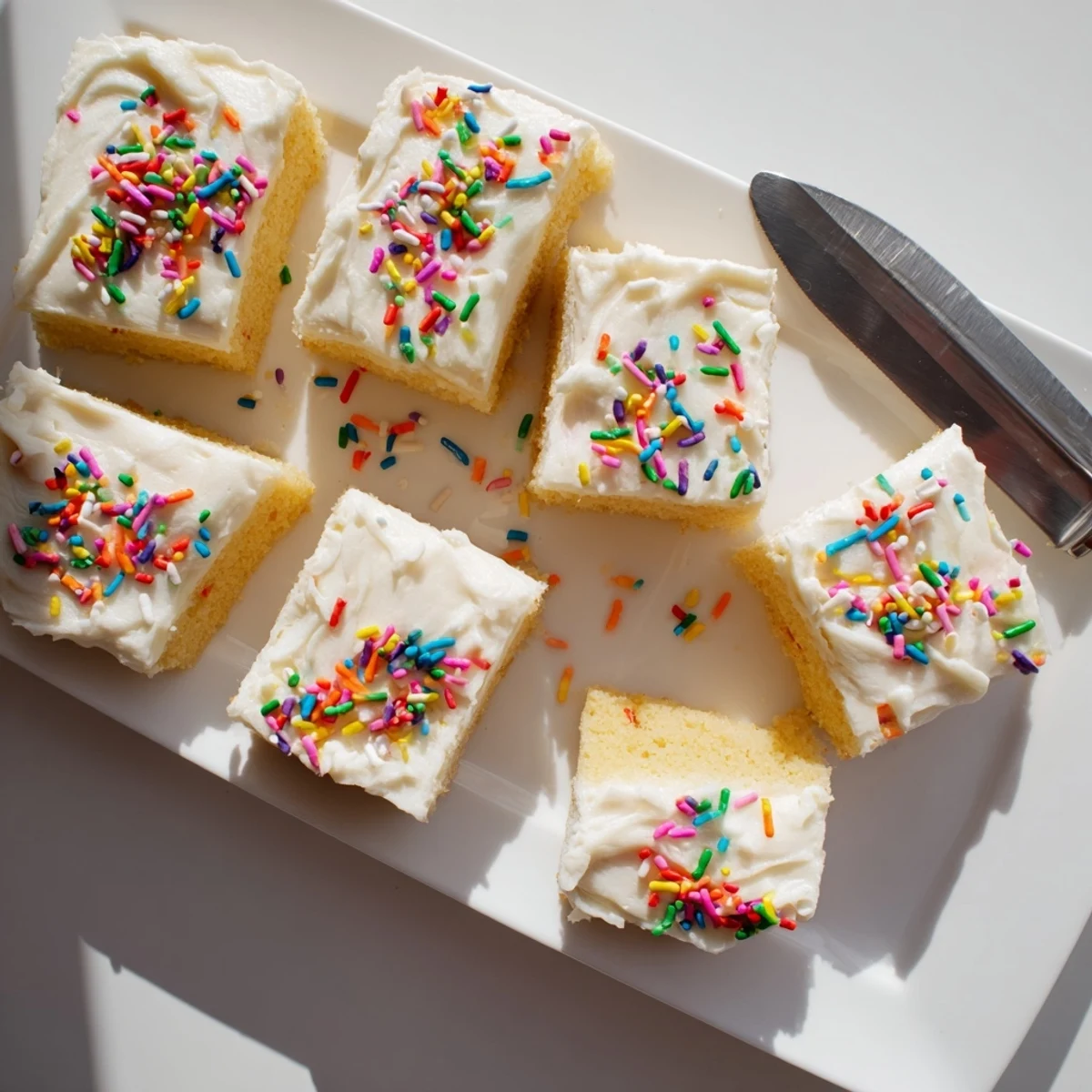 Buttery sugar cookie bars layered with creamy white frosting and festive rainbow sprinkles