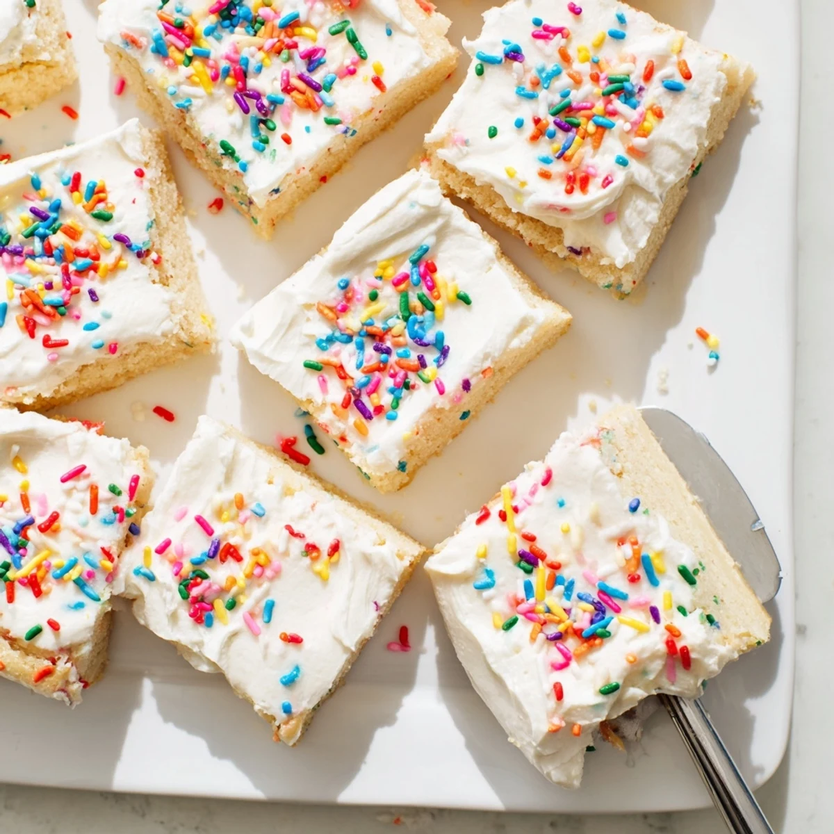 Homemade frosted sugar cookie bars cut into squares with smooth vanilla buttercream topping