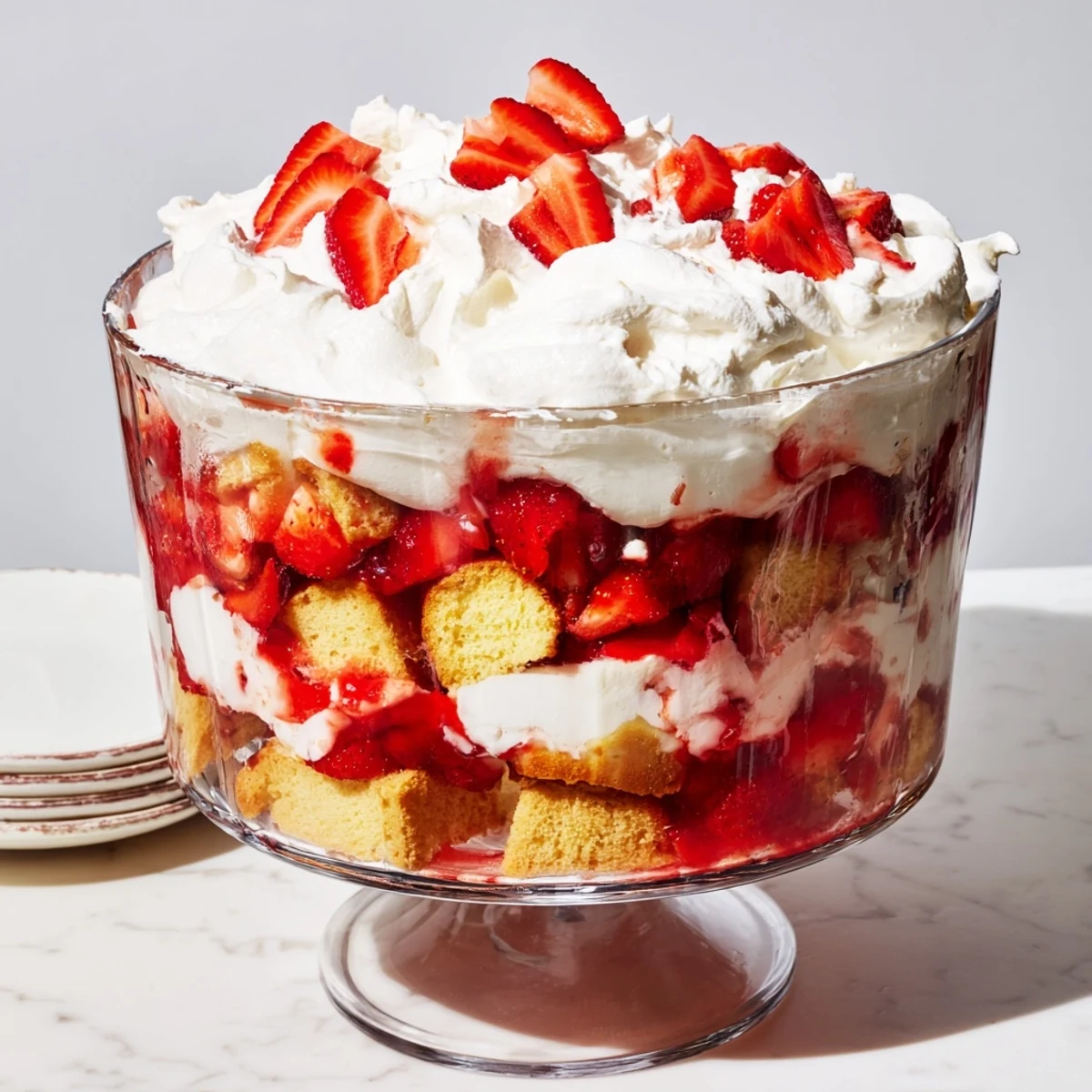 Golden shortcake cubes layered with juicy red strawberries and fluffy whipped cream in clear glass trifle bowls