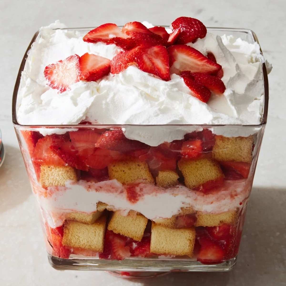 Individual strawberry shortcake trifles showcasing macerated berries, tender cake pieces, and sweet vanilla cream in layered parfait glasses
