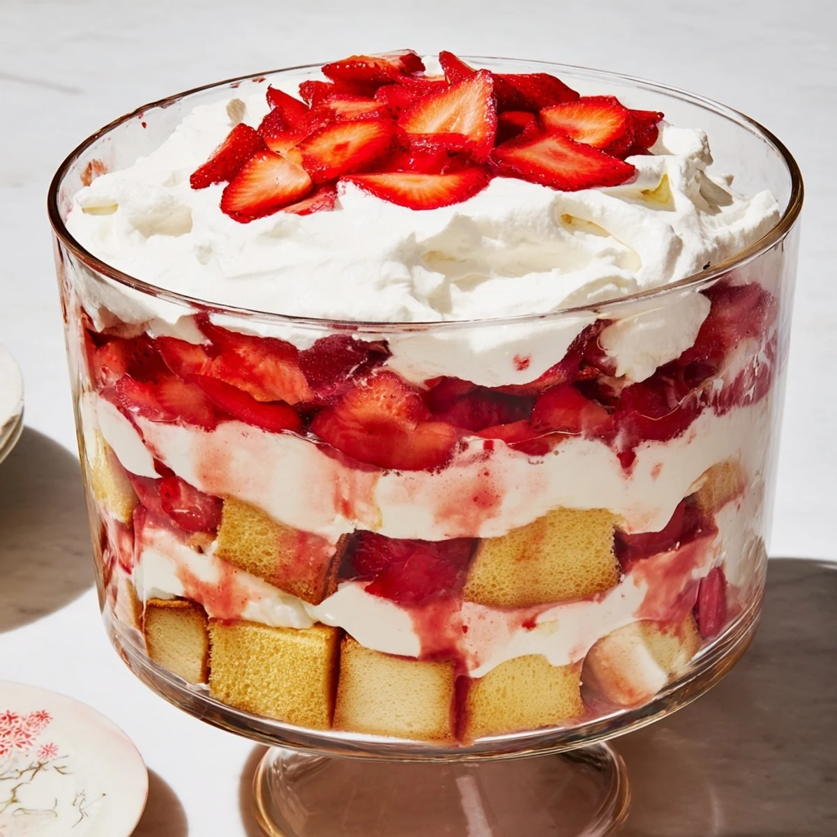 Elegant dessert trifles with fresh strawberry slices, golden baked shortcake, and billowy whipped cream served in small glass jars