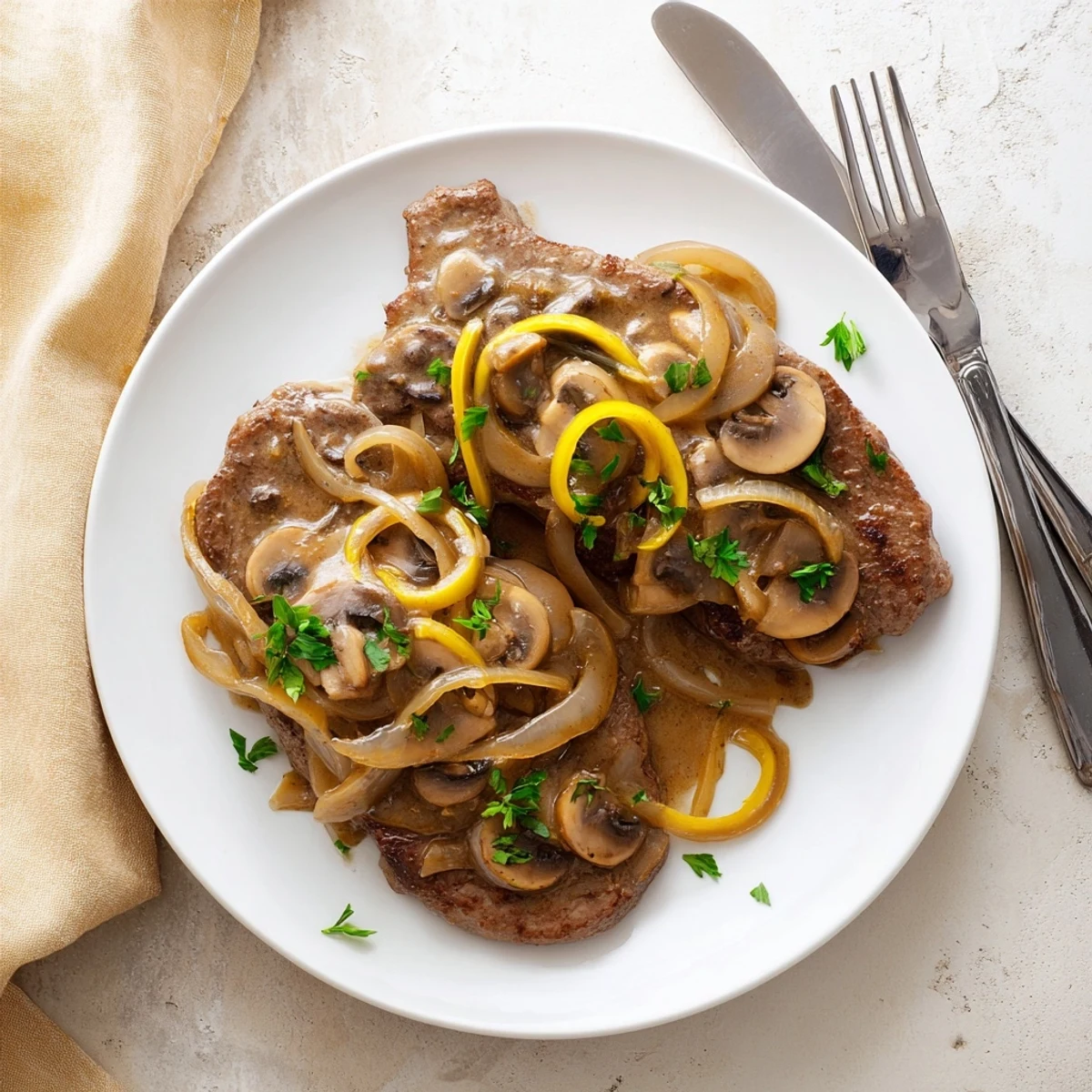 Tender country style smothered cube steak simmered in thick savory brown gravy with fresh parsley garnish
