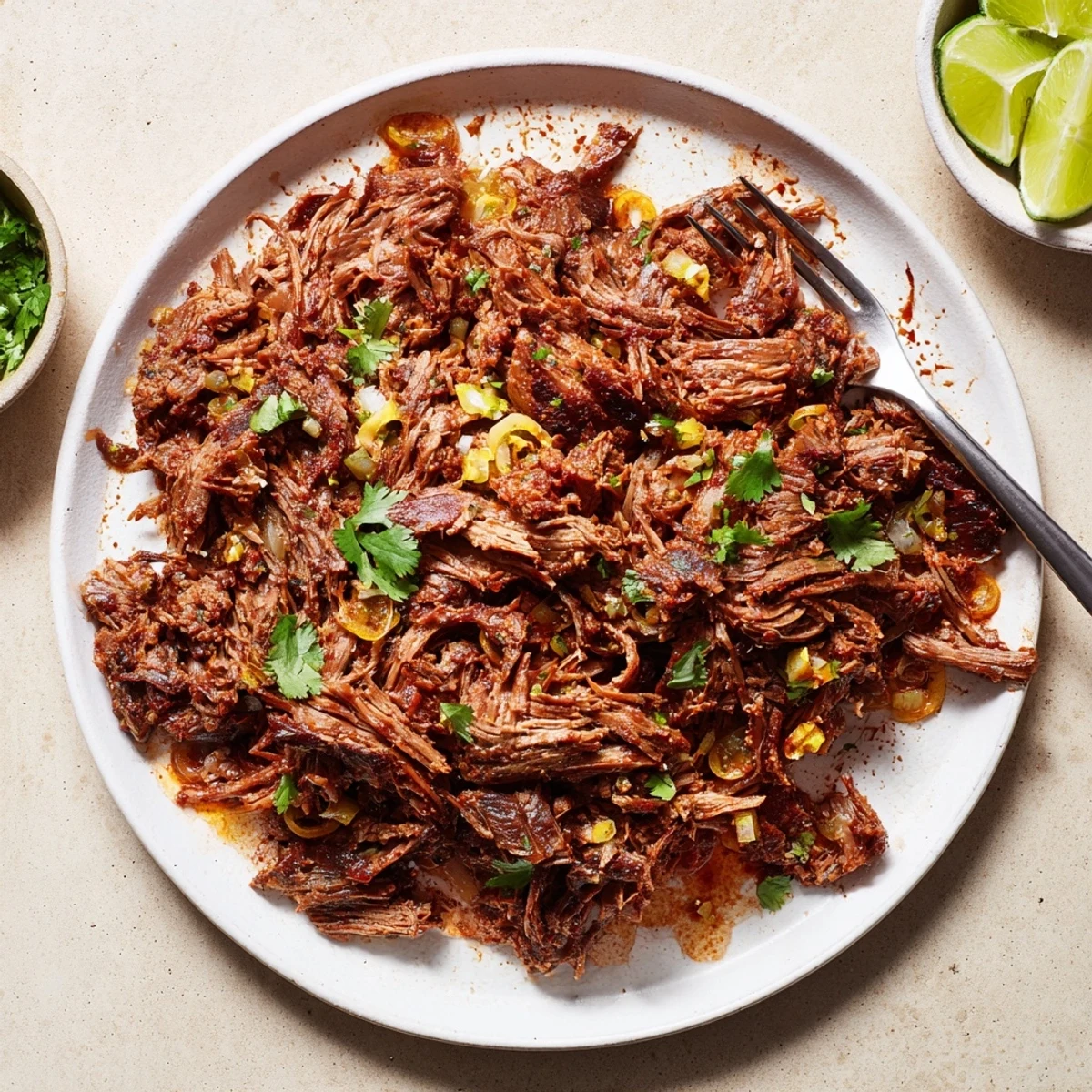 Tender shredded Slow Cooker Beef Barbacoa piled high in a bowl with rich juices