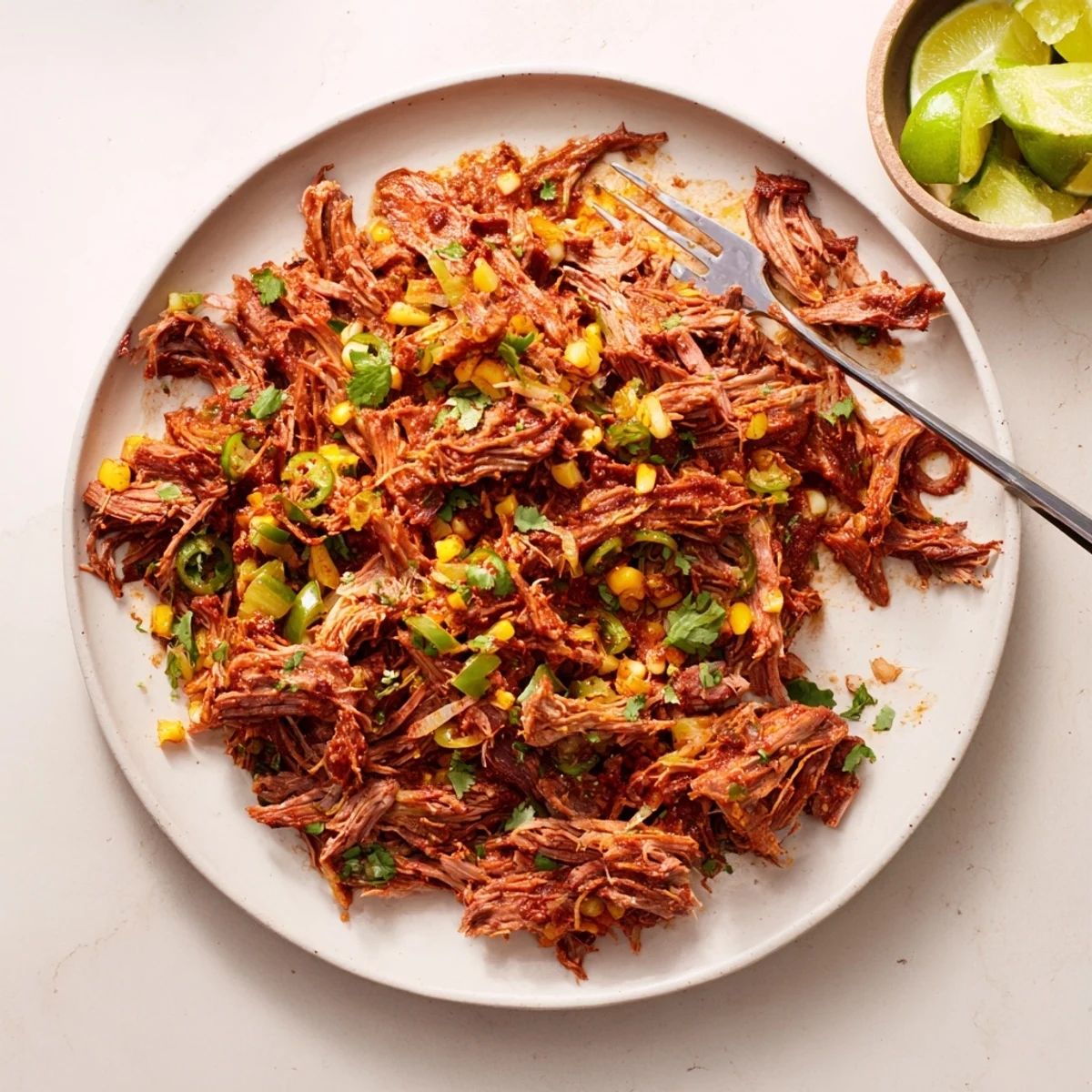 Succulent Slow Cooker Beef Barbacoa meat shredded with two forks for serving in burritos