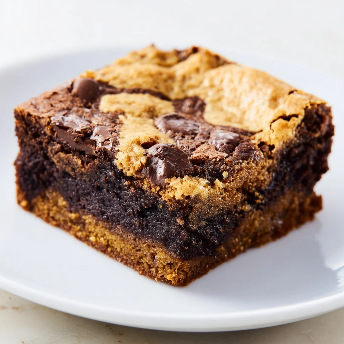 Fudgy chewy brookies bars with chocolate chips and swirled brownie cookie layers on a white plate