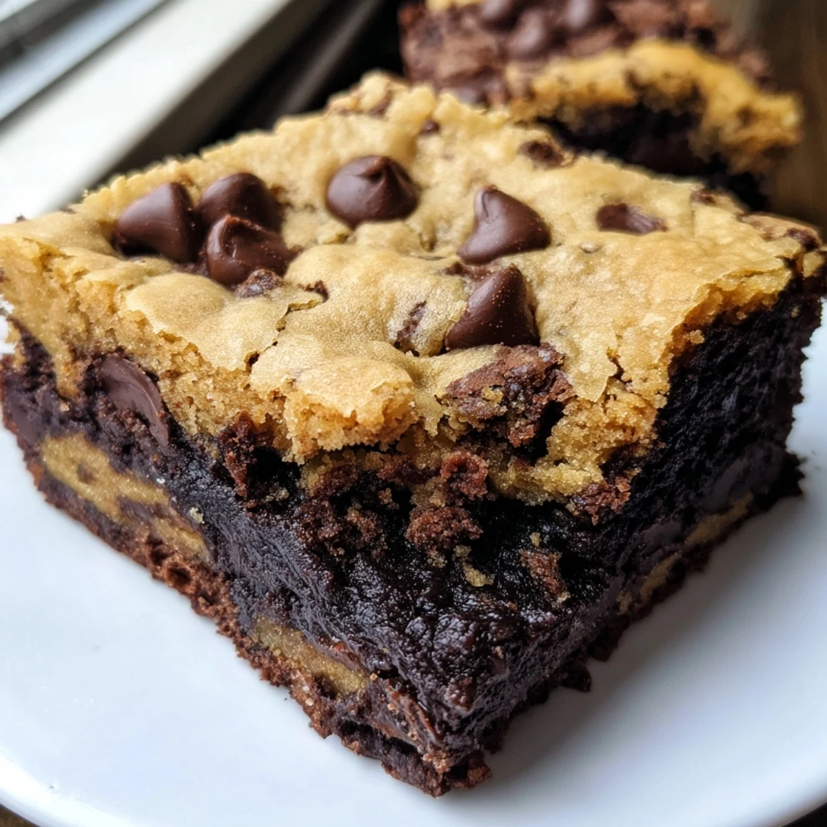 Homemade fudgy chewy brookies cut into squares displaying rich layers of chocolate brownie and cookie dough