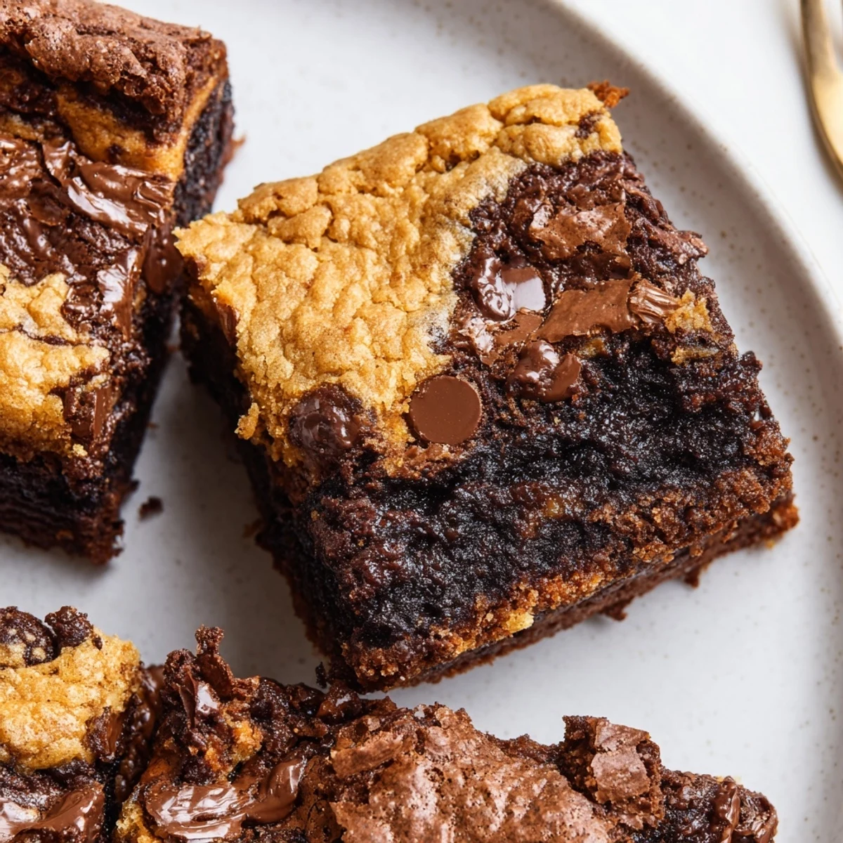 Warm Fudgy Chewy Brookies recipe served with a scoop of melting vanilla ice cream