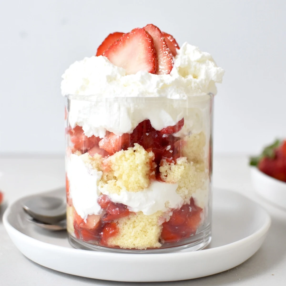 Individual Strawberry Shortcake Trifles in jars, golden shortcake pieces and syrupy strawberries