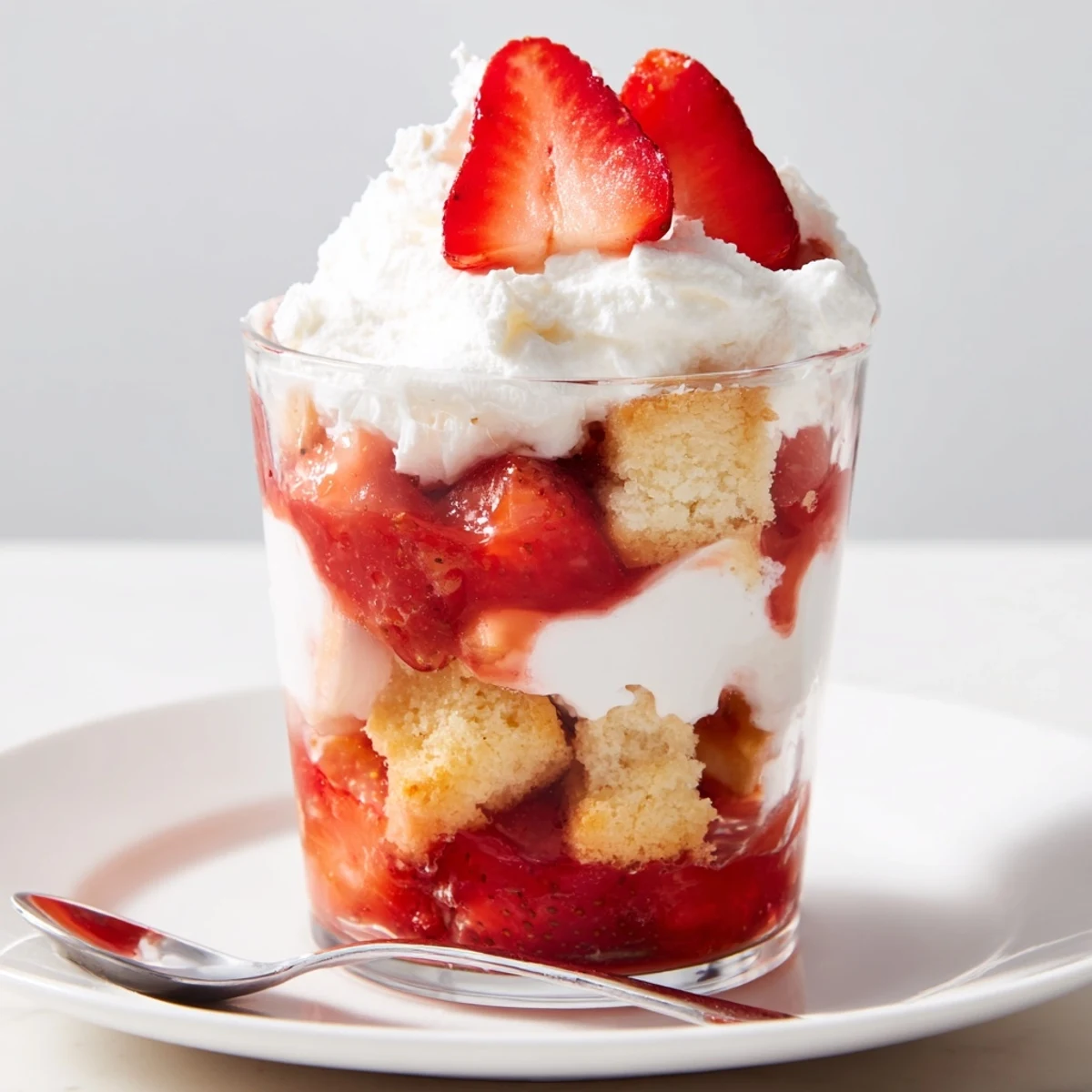 Chilled Strawberry Shortcake Trifles topped with mint, fresh strawberry slices, fluffy cream