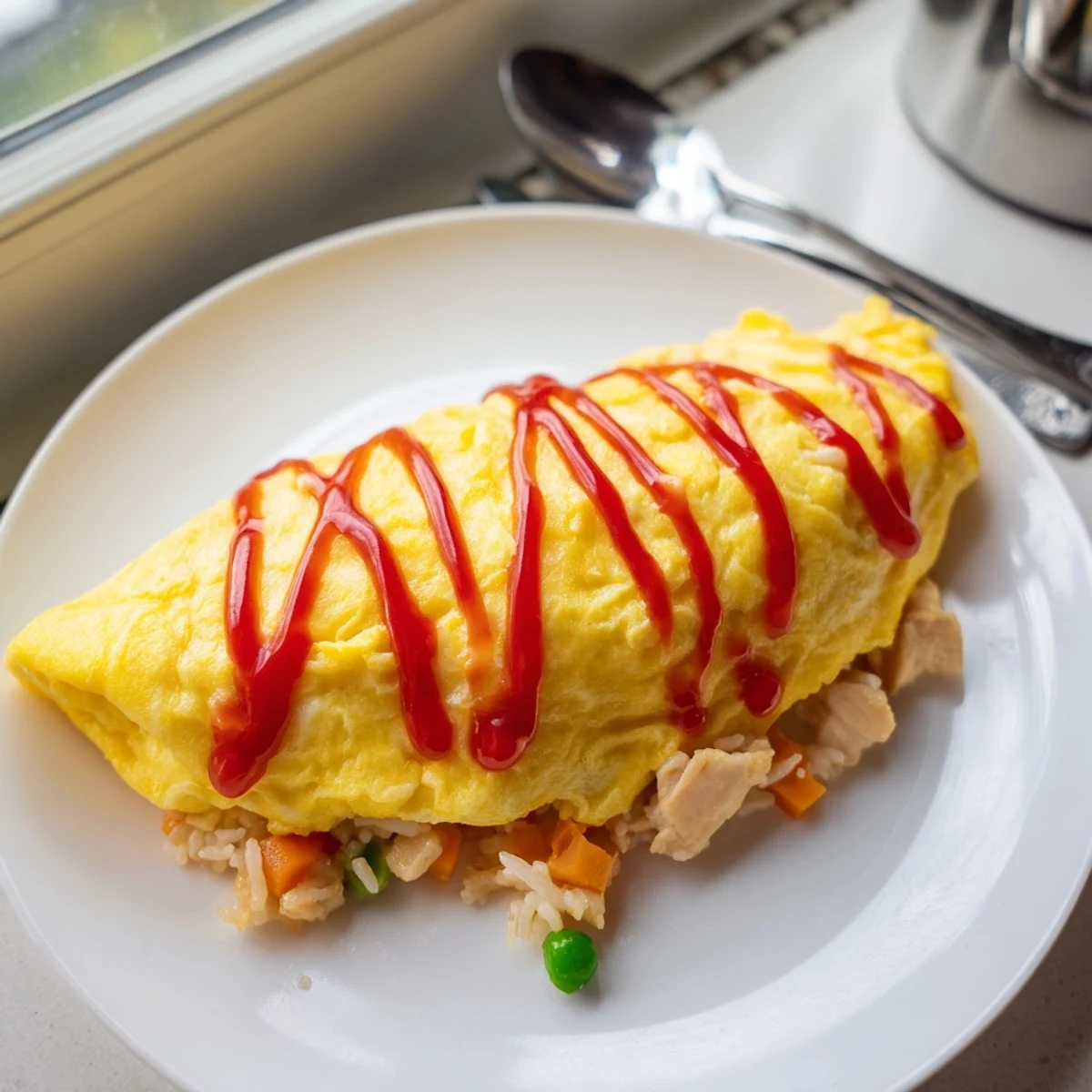 Creamy omurice omelette splitting open to reveal colorful chicken fried rice inside