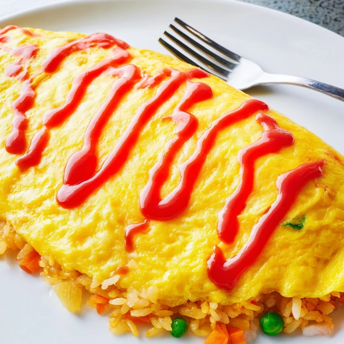 Golden omurice with a silky omelette draped over savory ketchup fried rice