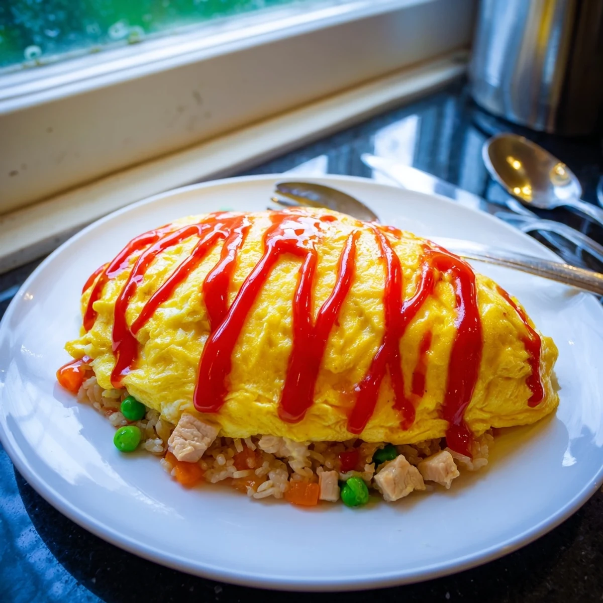 Steaming omurice plated on a white dish topped with a decorative ketchup zigzag