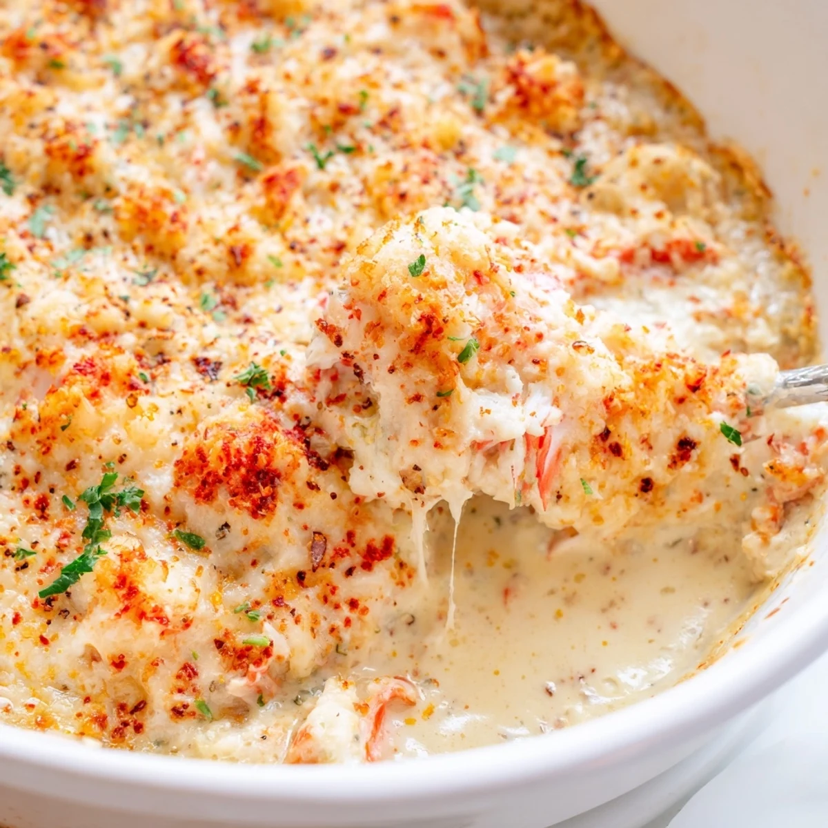 Golden bubbling Cheesy Jumbo Lump Crab Au Gratin fresh from the oven