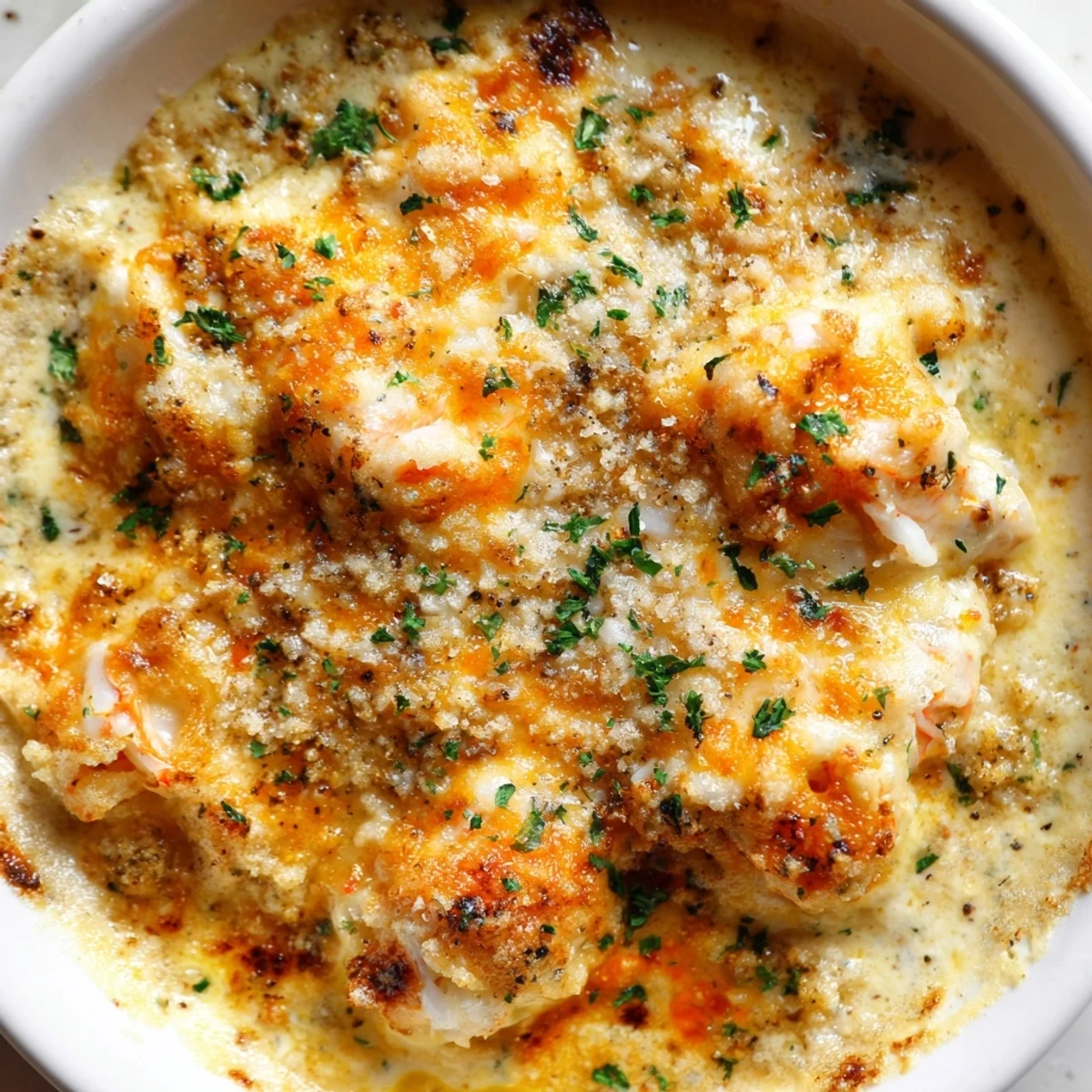 Spoonful of rich Cheesy Jumbo Lump Crab Au Gratin served in a rustic casserole dish
