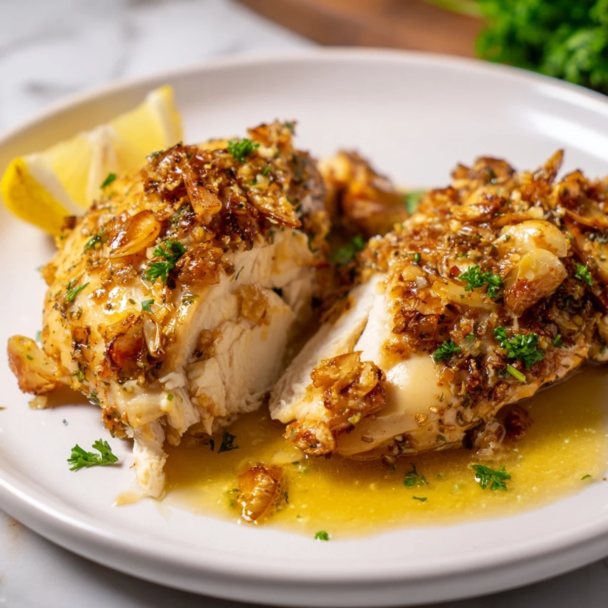 Golden garlic butter baked chicken breast glistening with herb sauce in a baking dish